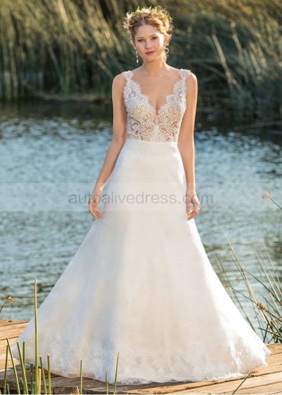 V Neck Ivory Lace Organza Stunning Wedding Dress